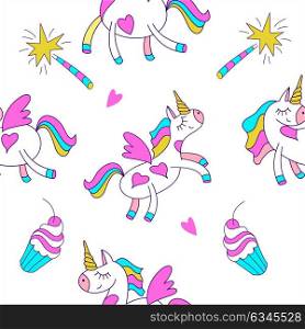 Seamless pattern with cute magical unicorns. Vector illustration. Unicorns, rainbows, clouds, magic wand. Beautiful patterns for print on textile, wrapping paper