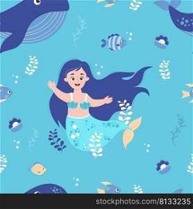 Seamless pattern with cute mermaid, blue whale with fish, seaweed and pearls on blue background. Vector illustration with sea animals and underwater world for kids collection, design, decor, wallpaper