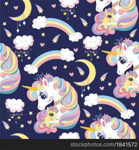 Seamless pattern with cute mom and baby unicorns, clouds, rainbow and stars. Magic background with unicorns. Vector illustration in trendy colors. For design, print, decor, wallpaper, linen, textile.. Vector seamless pattern with mom and baby unicorns