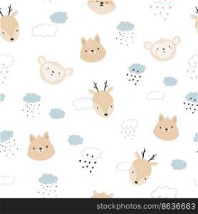 Seamless pattern with cute monkey, deer, fox in clouds. Cute design with animal faces for cloth prints, wallpaper, wrapping paper. Seamless pattern with cute monkey, deer, fox in clouds