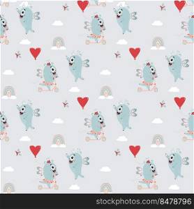 Seamless pattern with cute monsters. A pair of winged monsters - a girl is riding a scooter with a balloon and a boy on blue background with a rainbow and clouds. Vector. Scandinavian Kids Collection 