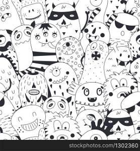 Seamless pattern with cute monsters on a white background. Hand drawn cute monsters on a white background. Scandinavian vector illustration. It&rsquo;s perfect for coloring book, posters, room decor and children prints.