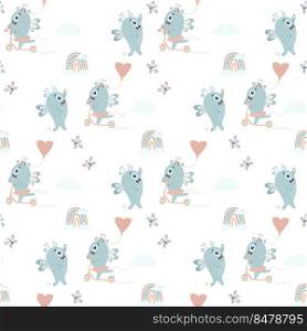 Seamless pattern with cute monsters. pair of winged blue monsters - boy and girl ride scooter on white background with rainbow, clouds and butterflies. Vector. Scandinavian kids collection