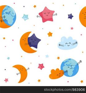 Seamless pattern with cute moon, star, cloud and Earth. For childish prints, textile, Baby Shower cards, wrapping paper, gift box, cloth. Seamless pattern with cute moon, star, cloud Earth