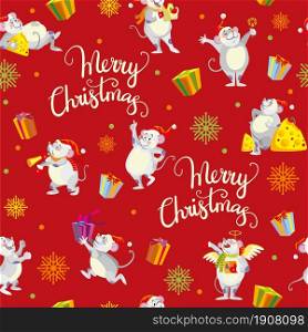 Seamless pattern with cute mouses and Christmas elements isolated on red background. Vector illustration. For design, print, decor, wallpaper, linen, dishes, textile. Christmas elements and mouses seamless pattern red