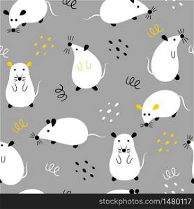 Seamless pattern with cute mouses on a gray background. Childish wallpaper with rats in different positions.