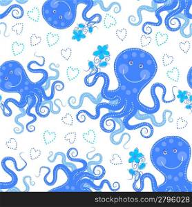 Seamless pattern with cute octopuses, flowers and hearts