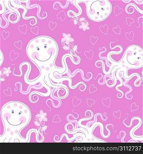 Seamless pattern with cute octopuses, flowers and hearts