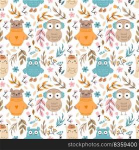 Seamless pattern with cute owl. Twig and flower. Background for sewing children clothes and printing on fabric. Packing paper. Cute doodle illustration. Autumn print.