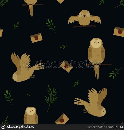 Seamless pattern with cute owls and envelopes. Texture for textile, wrapping paper, decorations, greeting cards. Seamless pattern with cute owls and envelopes