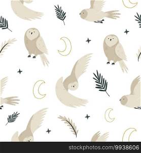 Seamless pattern with cute owls and hand drawn decorative elements. Vector illustration for greeting cards, wrapping paper, textile. Seamless pattern with cute owls and hand drawn decorative elements