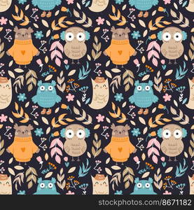 Seamless pattern with cute owls and twigs. Wallpaper for  children room. Printing on fabric and wrapping paper. Floral ornament.