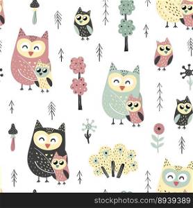 Seamless pattern with cute owls - mother and baby vector image