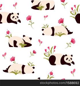 Seamless pattern with cute pandas and floral ornament. Vector illustration for wallpapers, decorations, gift box, textiles. Seamless pattern with cute pandas and floral ornament.