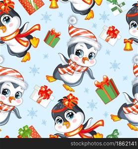 Seamless pattern with cute penguins character, gifts and snowflakes. Winter Christmas concept. Vector illustration isolated on blue background. For design, print, decor, wallpaper,linen,dishes,textile. Vector seamless pattern with baby Christmas penguins