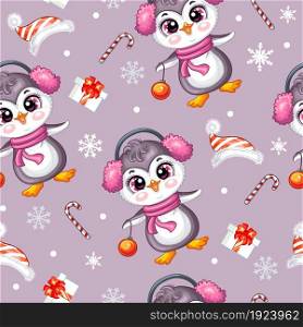Seamless pattern with cute penguins character, gifts and snowflakes. Winter Christmas concept. Vector illustration isolated on purple background. For design, print, decor, wallpaper,dishes and textile. Vector seamless pattern with penguins and Christmas