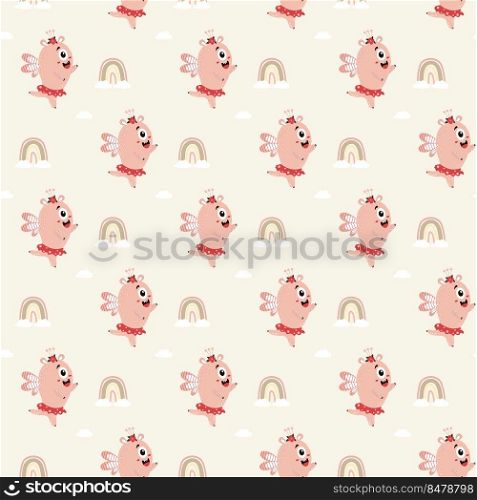 Seamless pattern with cute pink monster. Fantastic character - a monster girl in a skirt on a light background with a rainbow and clouds. Vector. Scandinavian style. Kids Collection 