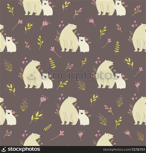 Seamless pattern with cute polar bears and field plants. Vector illustration for nursery designs, wrapping paper, clothing, fabric.. Seamless pattern with cute polar bears and field plants. Nursery print