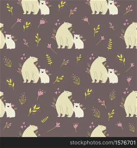 Seamless pattern with cute polar bears and field plants. Vector illustration for nursery designs, wrapping paper, clothing, fabric.. Seamless pattern with cute polar bears and field plants. Nursery print