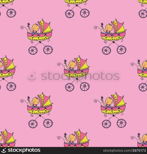 Seamless pattern with cute pram and baby,vector illustration. Seamless pattern with cute pram and baby