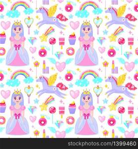 Seamless pattern with cute princess,unicorn,clouds,hearts and other cartoon elements.