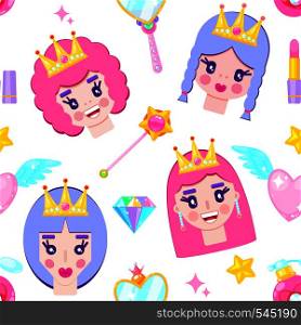Seamless pattern with cute princesses, diamonds,hearts,mirrow and stars on white background