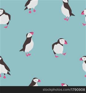 Seamless pattern with cute puffins in different poses. Vector design for prints. Seamless pattern with cute puffins in different poses