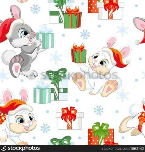 Seamless pattern with cute rabbits character, gifts and snowflakes. Winter Christmas concept. Vector illustration isolated on white background. For design, print, decor, wallpaper, linen, textile. Vector seamless pattern with baby Christmas rabbits