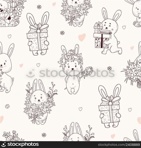 Seamless pattern with cute rabbits. Funny rabbits in a flower wreath and with large bouquet, with gifts and boxes on light background with hearts. Vector illustration. Outline, linear doodle