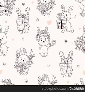 Seamless pattern with cute rabbits. Funny rabbits in a flower wreath and with large bouquet, with gifts and boxes on light background with hearts. Vector illustration. Outline, linear doodle