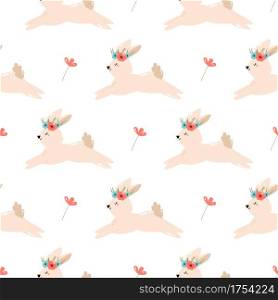 Seamless pattern with cute rabbits in flower wreaths. Easter holiday decoration, wallpaper. Seamless pattern with cute rabbits. Easter holiday decoration