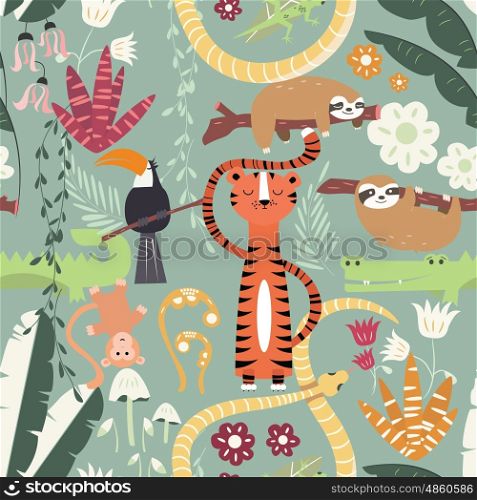 Seamless pattern with cute rain forest animals, tiger, snake, sloth, vector illustration