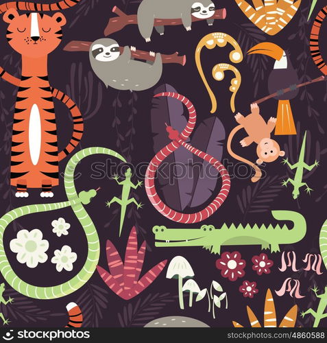 Seamless pattern with cute rain forest animals, tiger, snake, sloth, vector illustration