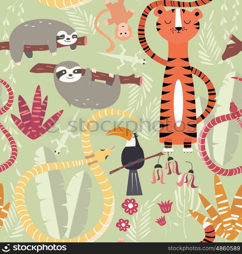 Seamless pattern with cute rain forest animals, tiger, snake, sloth, vector illustration