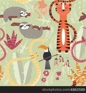 Seamless pattern with cute rain forest animals, tiger, snake, sloth, vector illustration