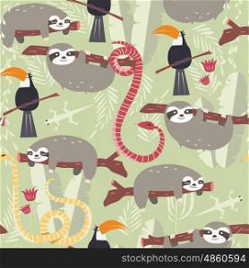 Seamless pattern with cute rain forest animals, toucan, snake, sloth, vector illustration