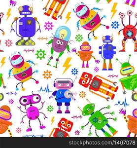 Seamless pattern with cute robots in flat style on white background