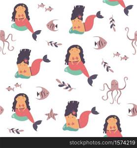 Seamless pattern with cute sea animals and mermaids. Vector illustration for textile, fabric, kids apparel.. Seamless pattern with cute mermaids and sea animals. Vector illustration