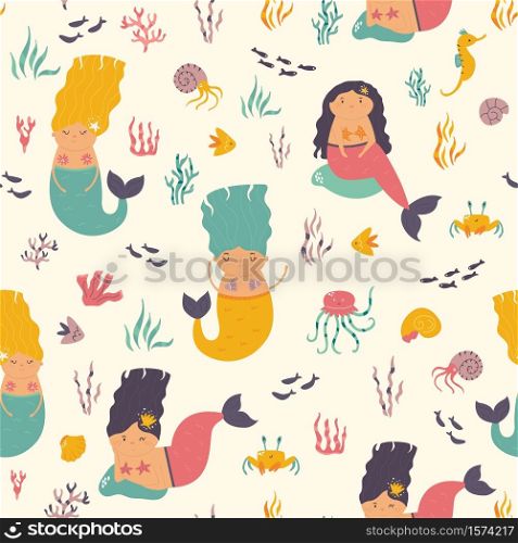 Seamless pattern with cute sea mermaids. Vector illustration for textile, fabric, kids apparel.. Seamless pattern with cute mermaids. Vector illustration