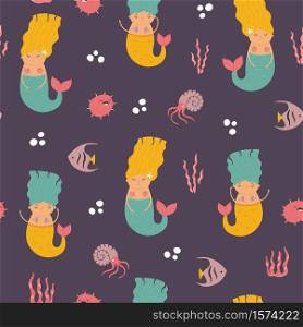 Seamless pattern with cute sea mermaids. Vector illustration for textile, fabric, kids apparel.. Seamless pattern with cute mermaids. Vector illustration