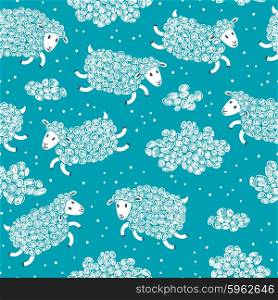 Seamless pattern with cute sheep and clouds. Vector illustration.