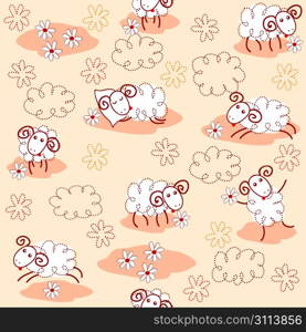 Seamless pattern with cute sheeps on a meadow