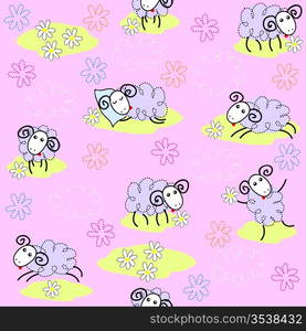 Seamless pattern with cute sheeps on a meadow