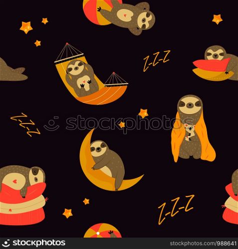 Seamless pattern with cute sleepy sloths, moon and stars. For greeting cards, textiles, wallpapers, wrapping paper. Seamless pattern with cute sleepy, dreaming sloths