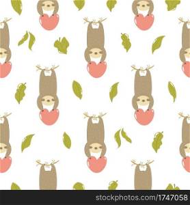 Seamless pattern with cute sloths hanging on a tree. Vector illustration with funny characters.. Seamless pattern with cute sloths hanging on a tree.