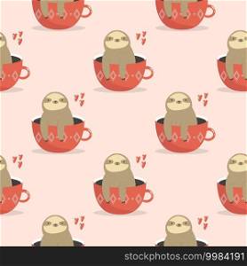 Seamless pattern with cute sloths sitting in cups. Vector illustration with funny characters.. Seamless pattern with cute sloths sitting in cups.