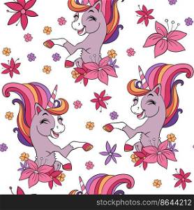 Seamless pattern with cute smiling unicorns in flowers on white background. Vector illustration for party, print, baby shower, wallpaper, design, decor, dishes, bed linen, apparel. Seamless pattern with cute unicorn in pink flowers
