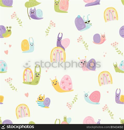 Seamless pattern with cute snails. Decorative insects happy clams with hearts, rainbow and cocktail on white background. Vector illustration. For kids collection design, decor, wallpaper, textile