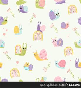 Seamless pattern with cute snails. Decorative insects happy clams with hearts, rainbow and cocktail on white background. Vector illustration. For kids collection design, decor, wallpaper, textile