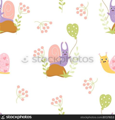 Seamless pattern with cute snails. Funny clam on stone with balloon and happy snail with hearts on white background with berries and decor. Vector illustration. For design, decor, wallpapers, textiles
